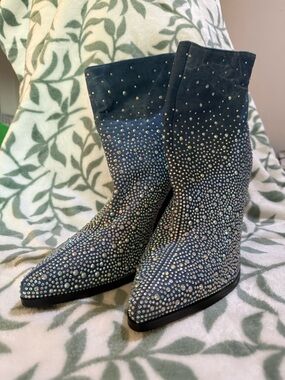 Crystal-Studded Black Pointed Toe Ankle Booties